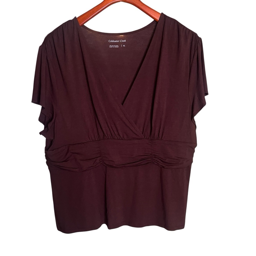 Coldwater Creek Womens XL Brown Faux Wrap V-Neck‎ Ruched Empire Waist Top